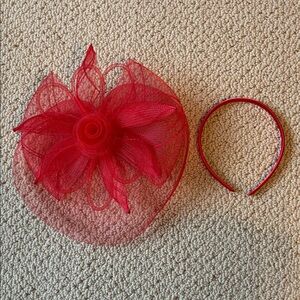 Red Floral Fascinator Headpiece with Matching Headband and clip option.